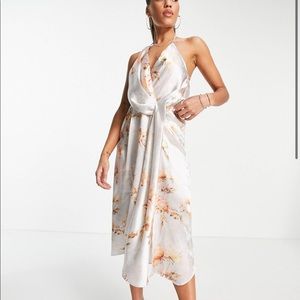 ASOS DESIGN minimal drape satin midi dress in occasion floral print